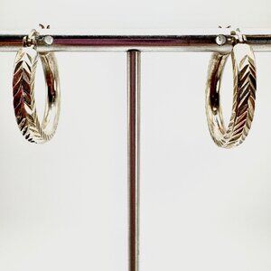 Textured Feathered Hoop Earrings VTG Sterling Silver 925 Hinged Posts 1" Length